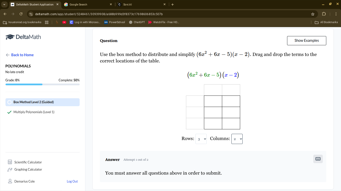 use the box method to distribute and simplify $(6x^2 + 6x - 5)(x - 2)$.…