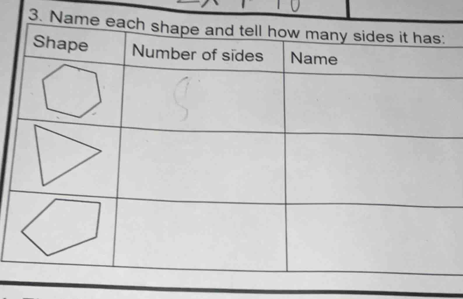 3. name each shape and tell how many sides it has: | shape | number of …