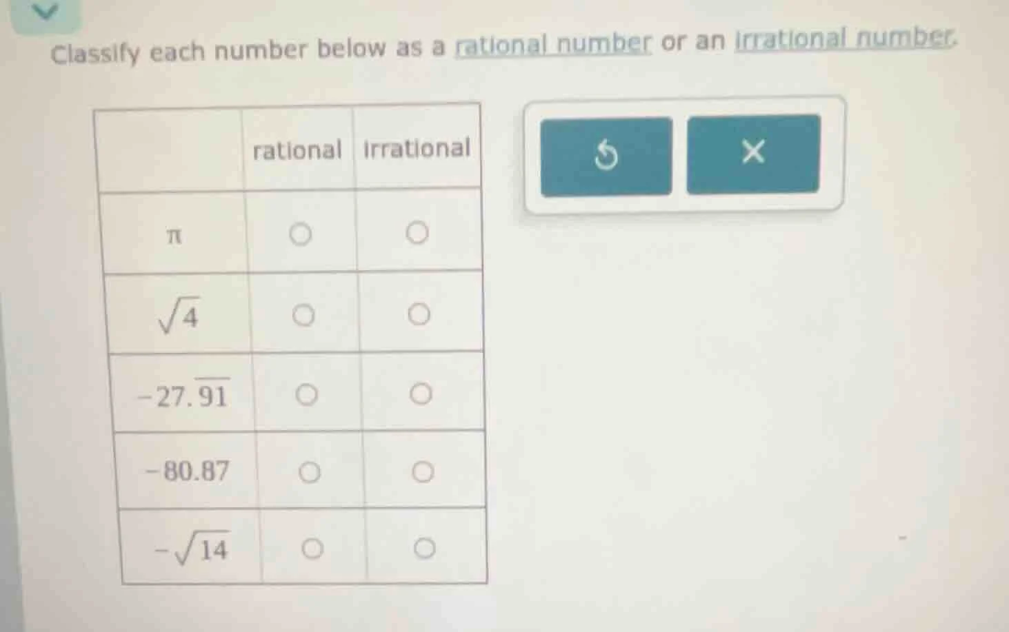 classify each number below as a rational number or an irrational number…