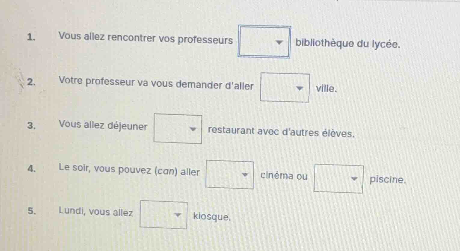 1. vous allez rencontrer vos professeurs bibliothèque du lycée. 2. votr…