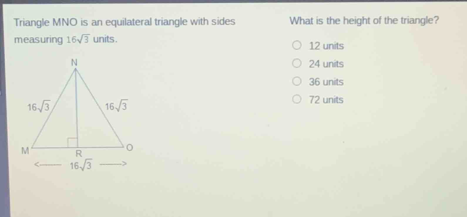 triangle mno is an equilateral triangle with sides measuring $16\\sqrt{…