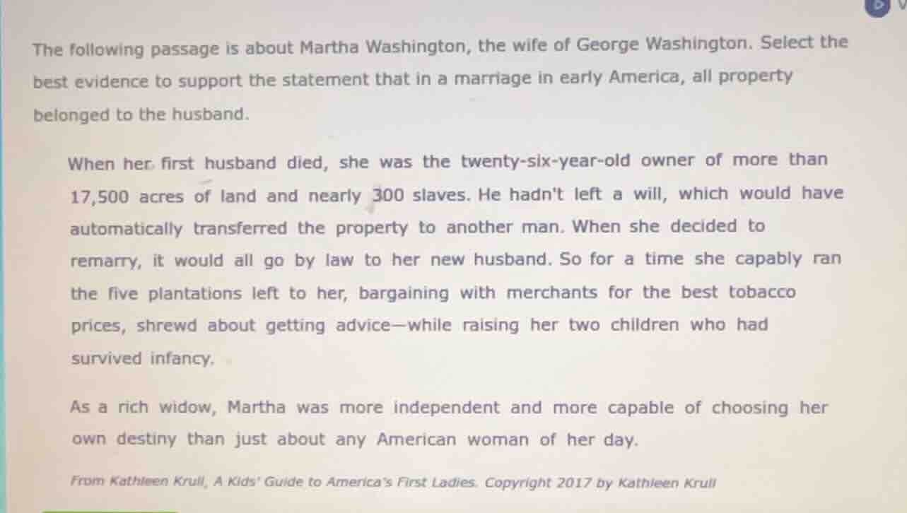 the following passage is about martha washington, the wife of george wa…