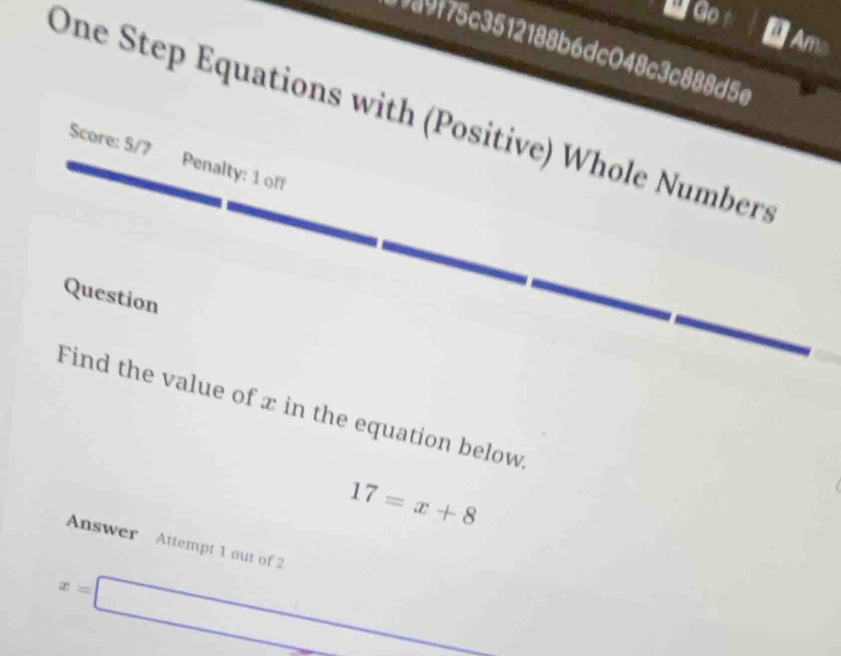 one step equations with (positive) whole numbers score: 5/7 penalty: 1 …