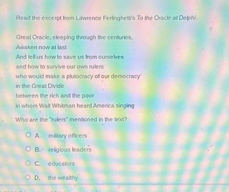 read the excerpt from lawrence ferlinghettis to the oracle at delphi. g…