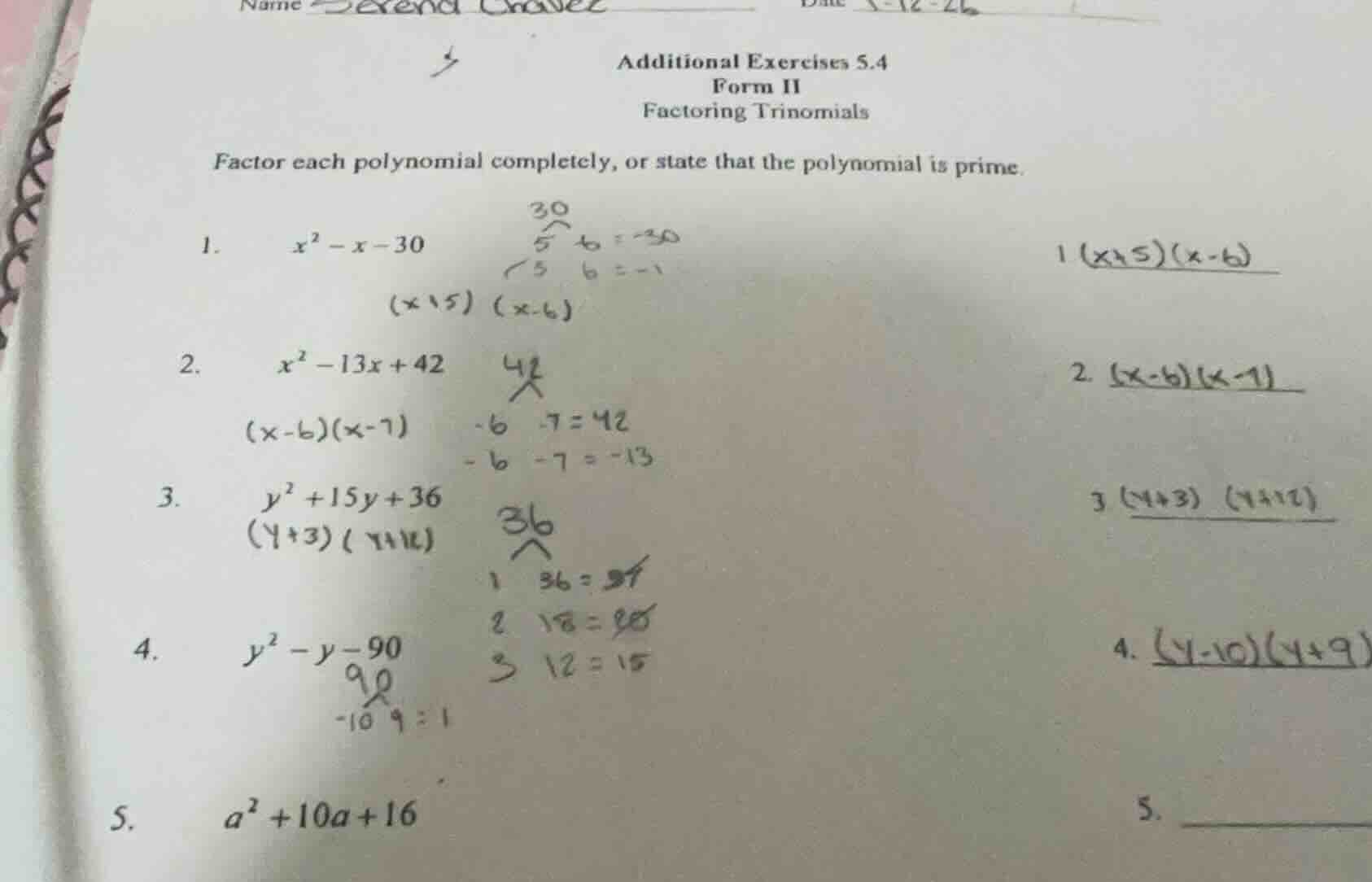 additional exercises 5.4 form ii factoring trinomials factor each polyn…