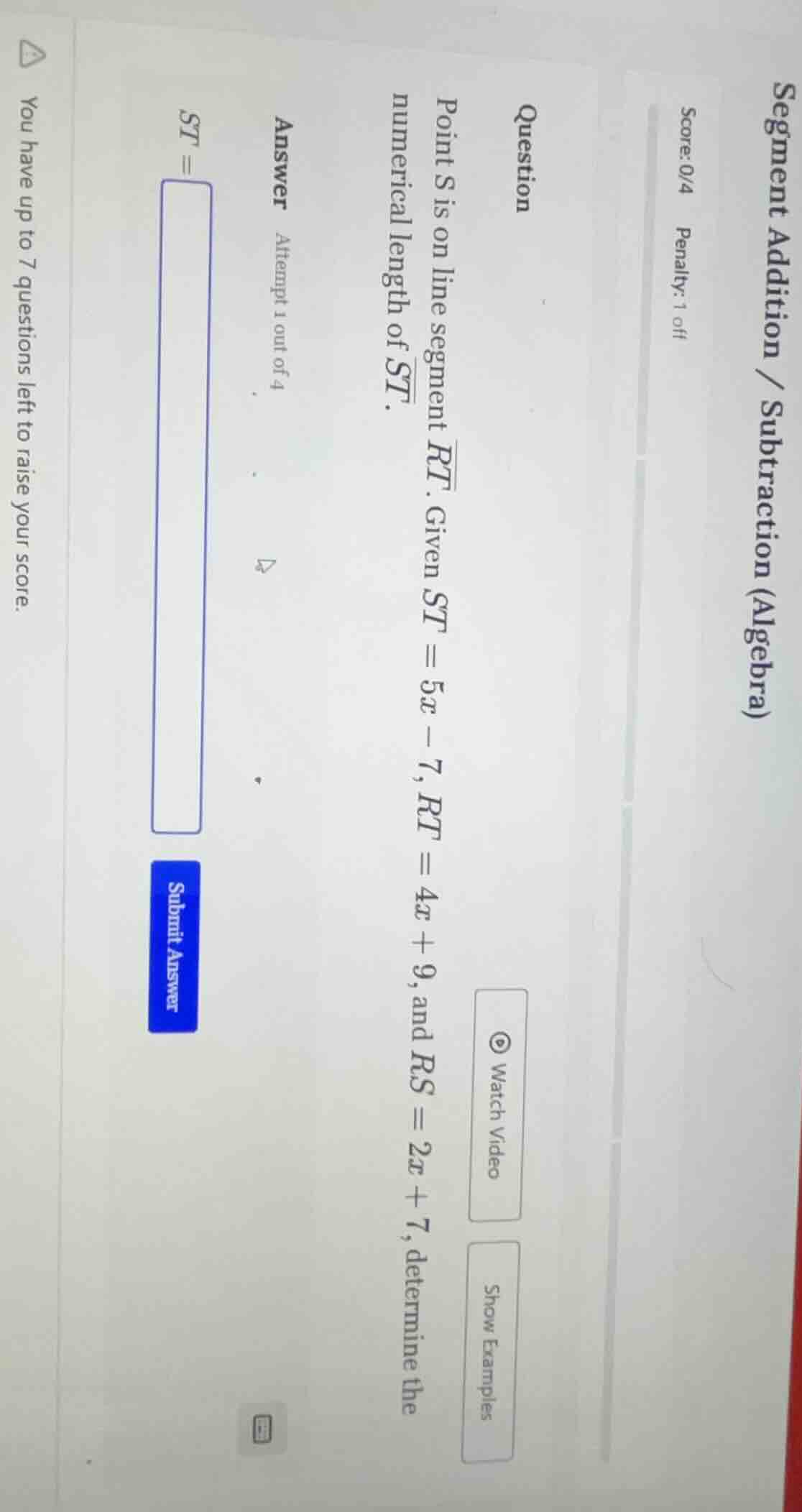 segment addition / subtraction (algebra) score: 0/4 penalty: 1 off ques…