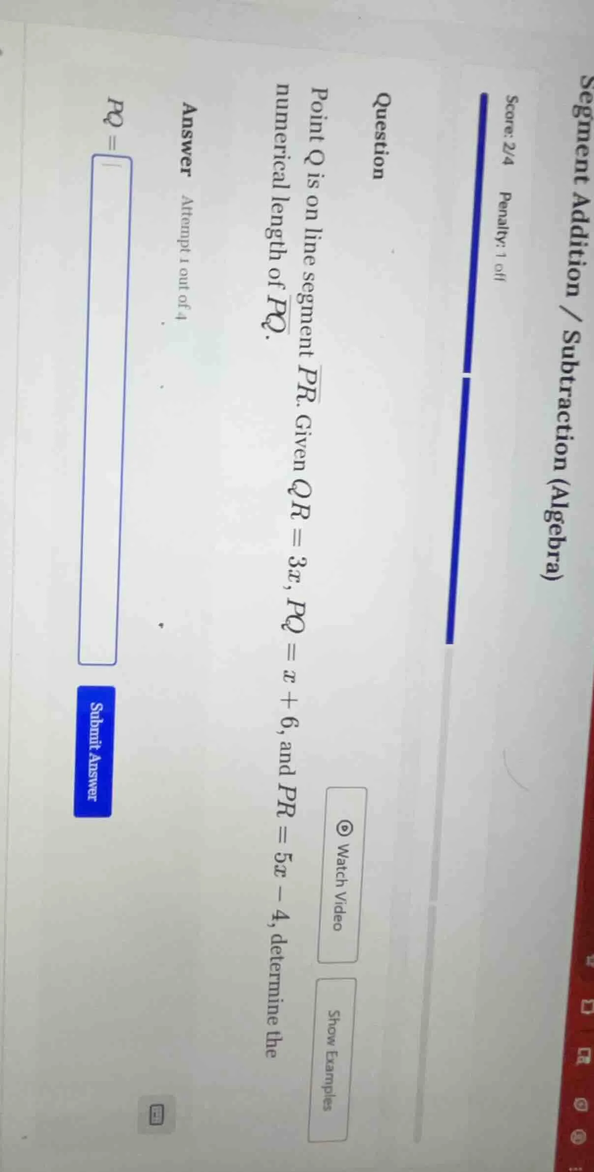 question point q is on line segment \\( \\overline{pr} \\). given \\( q…