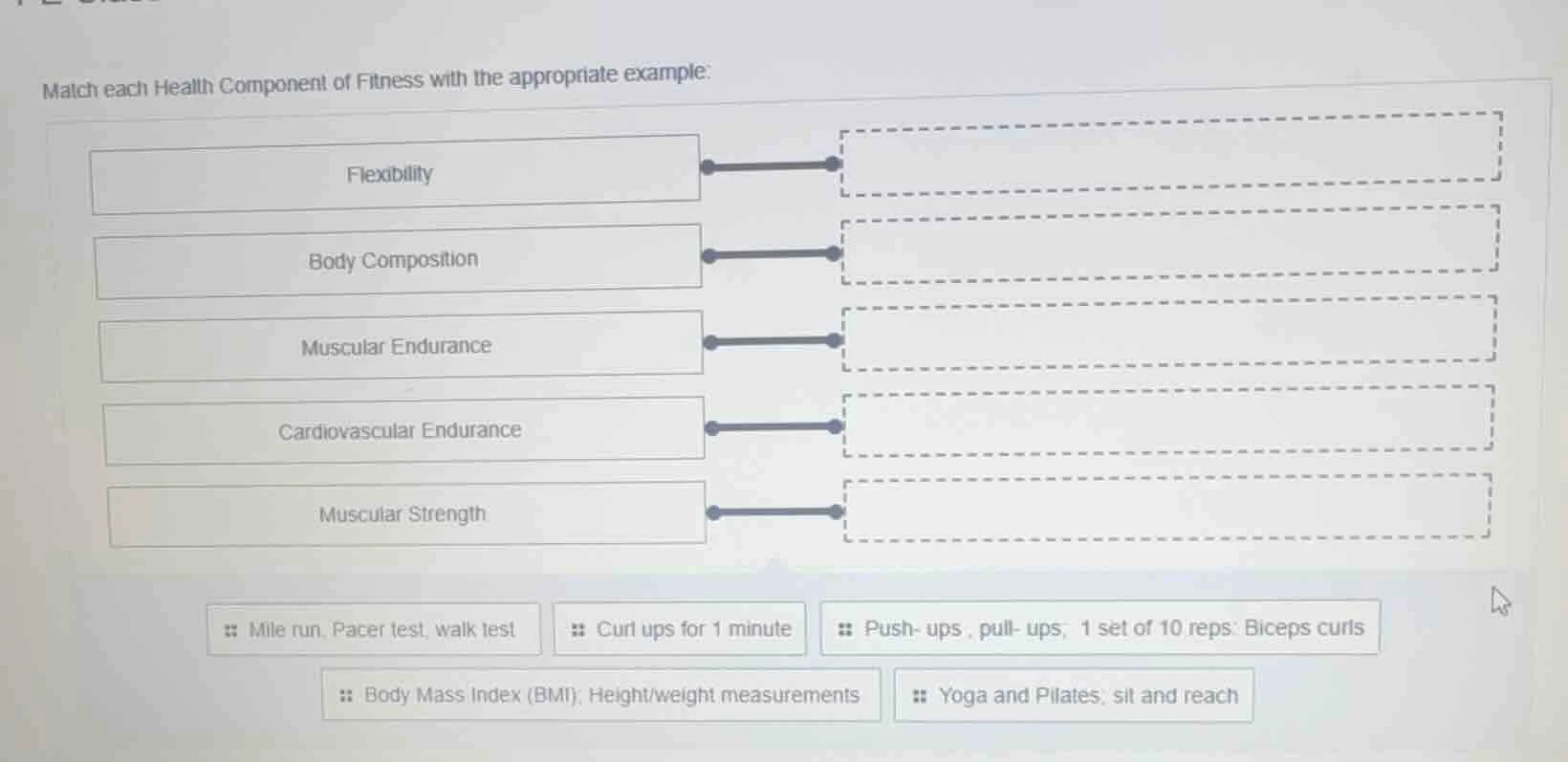 match each health component of fitness with the appropriate example: fl…