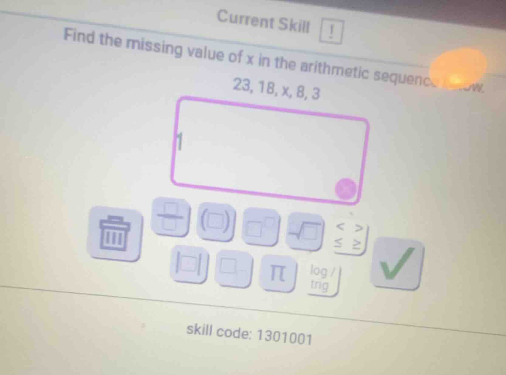find the missing value of x in the arithmetic sequence 23, 18, x, 8, 3