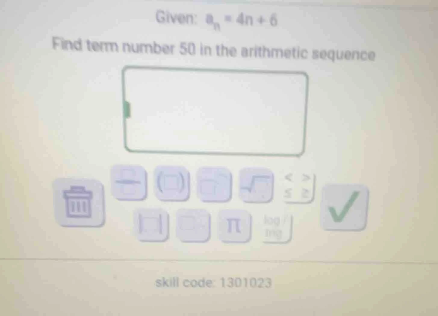 given: $a_n = 4n + 6$ find term number 50 in the arithmetic sequence