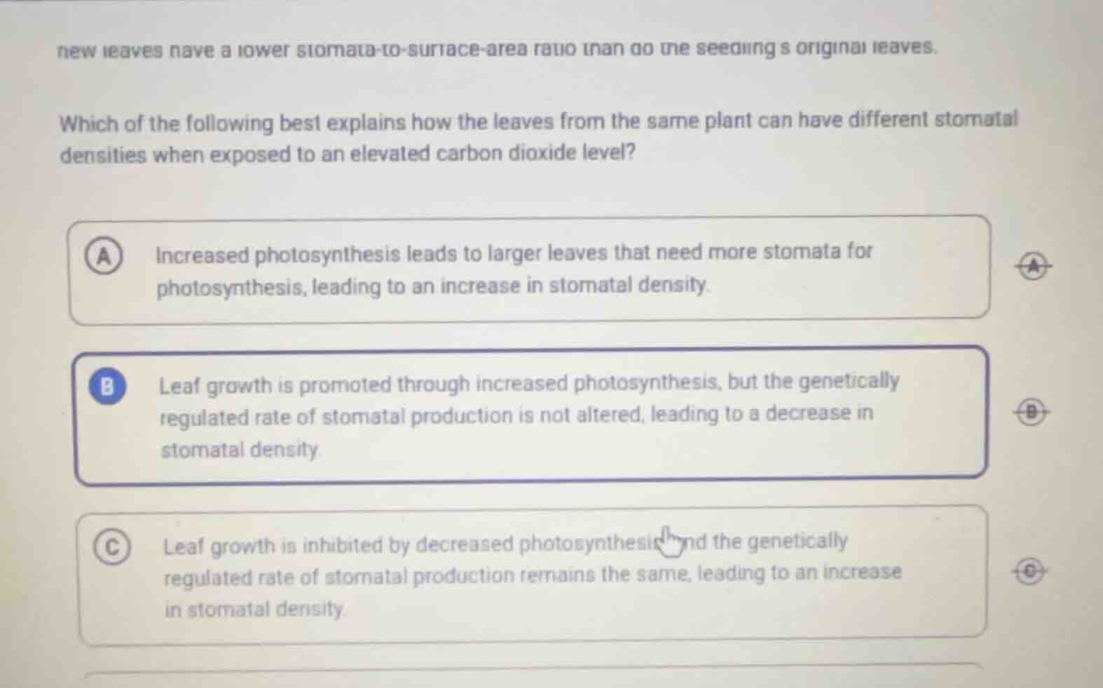 new leaves have a lower stomata - to - surface - area ratio than do the…