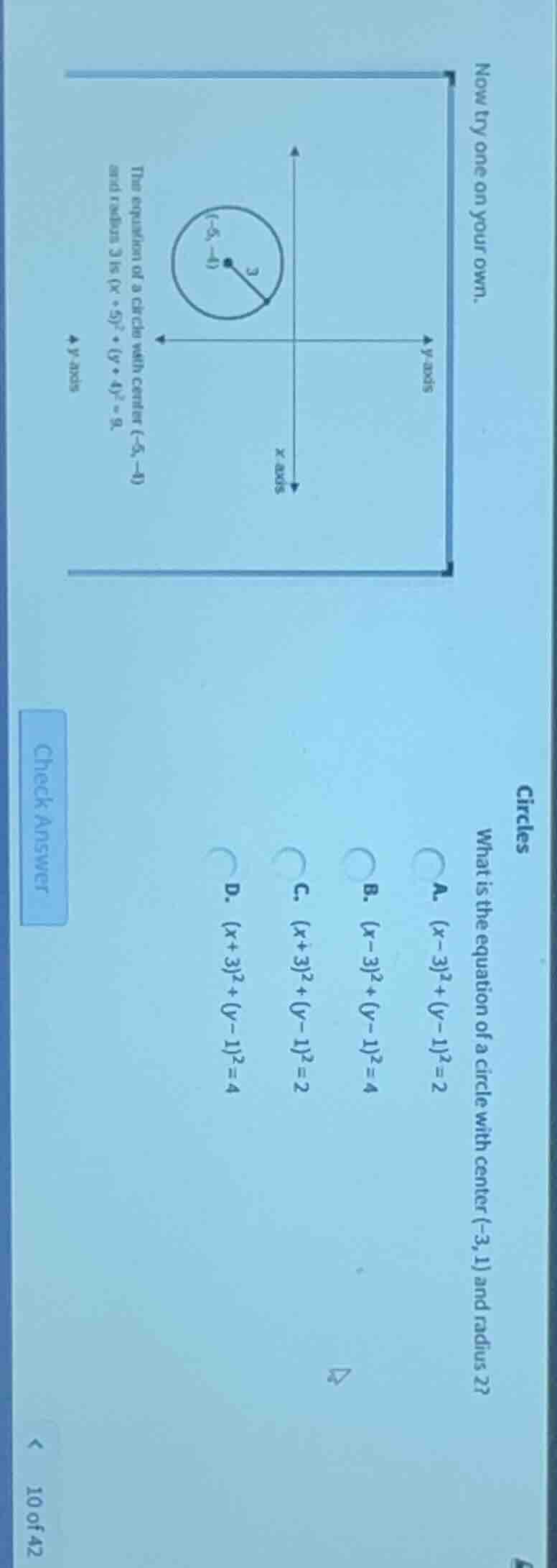 circles what is the equation of a circle with center (-3,1) and radius …