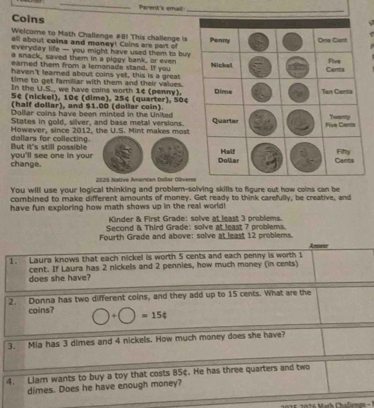 coins welcome to math challenge #8! this challenge is all about coins a…