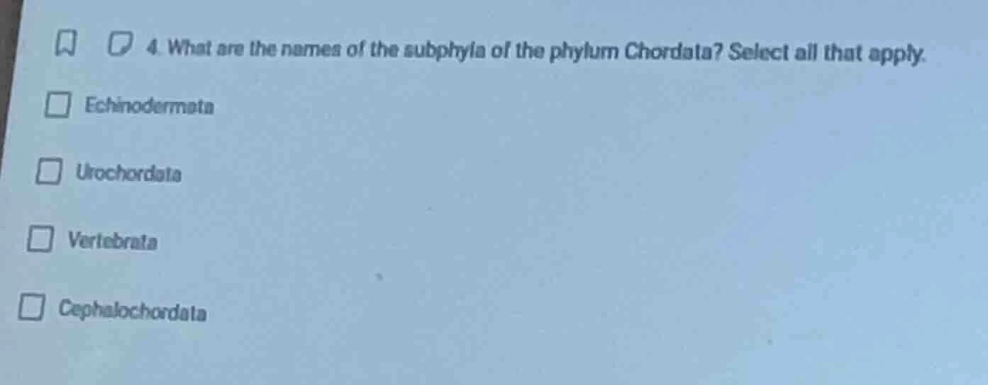 4. what are the names of the subphyla of the phylum chordata? select al…