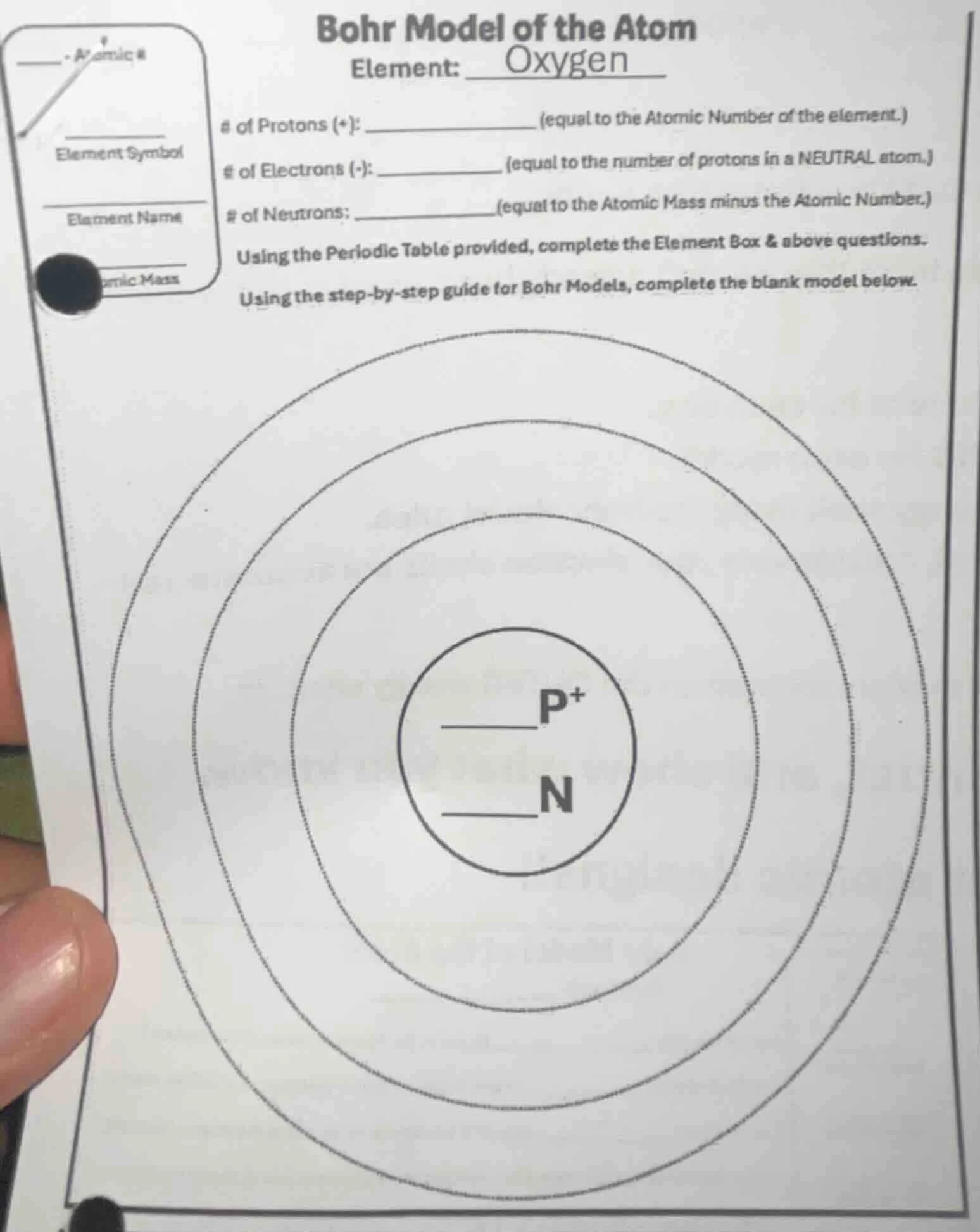 bohr model of the atom element: oxygen # of protons (+): ______________…