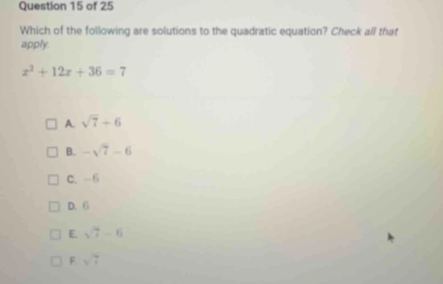 question 15 of 25 which of the following are solutions to the quadratic…