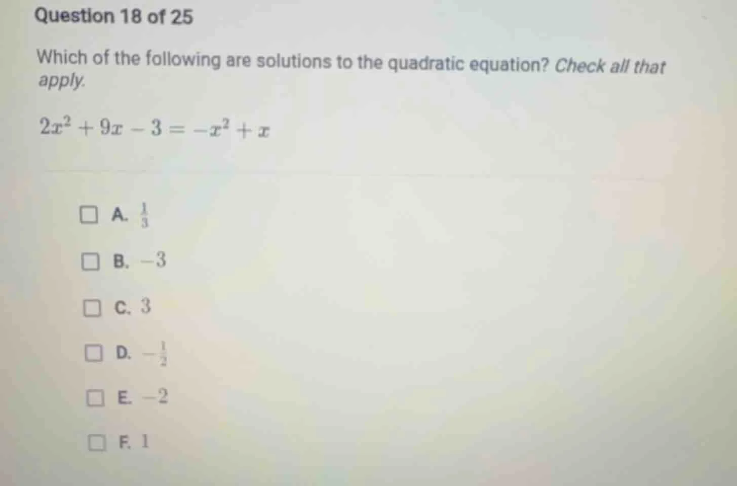 question 18 of 25 which of the following are solutions to the quadratic…