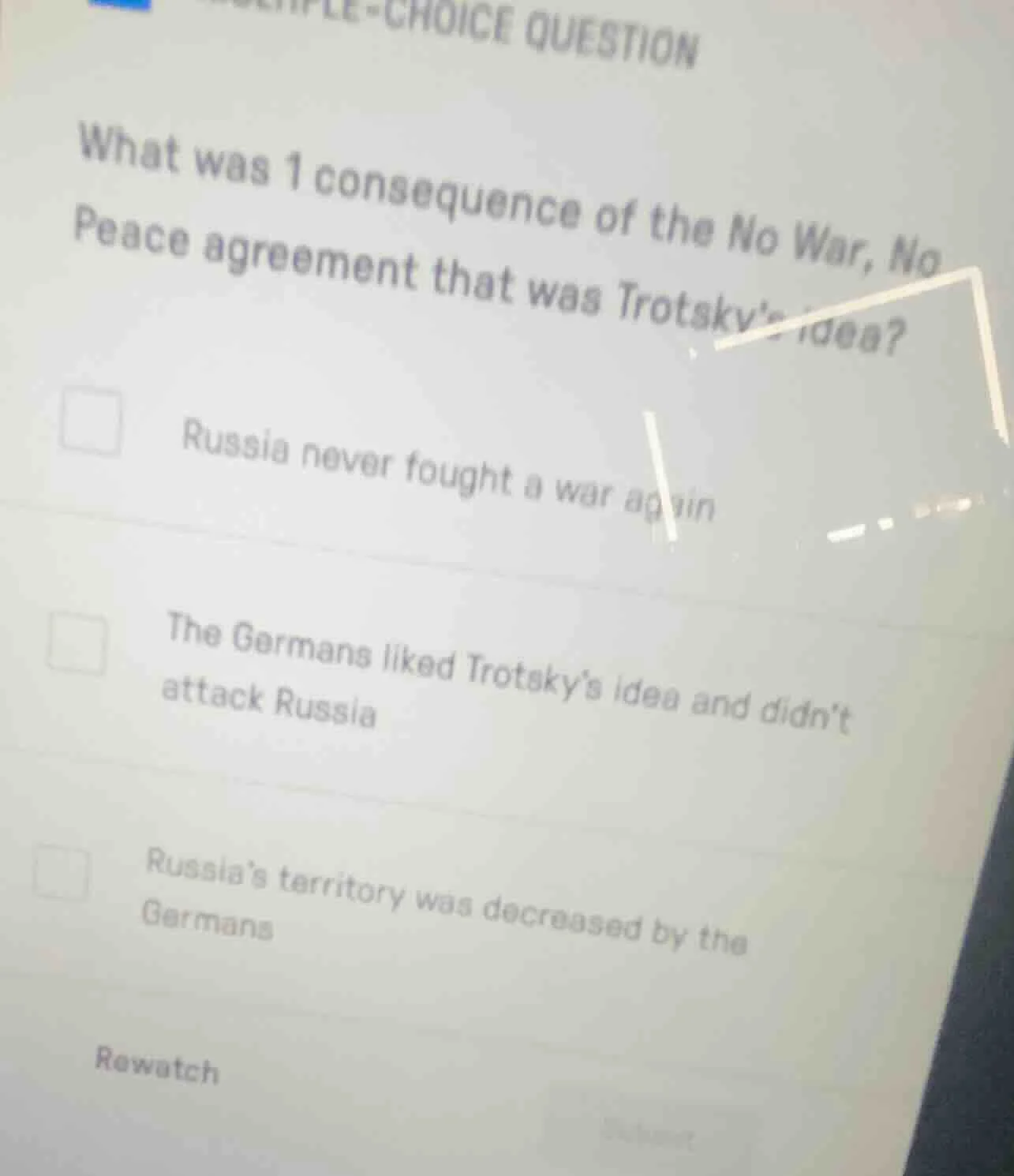 choice question what was 1 consequence of the no war, no peace agreemen…