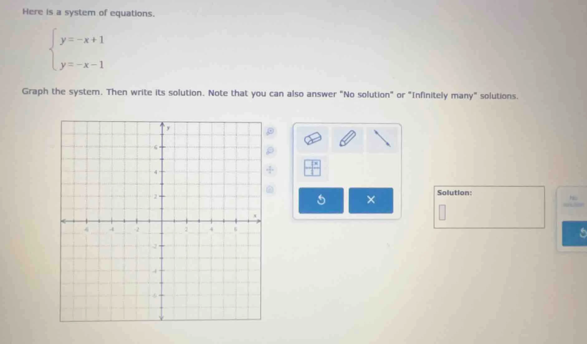 here is a system of equations. \\begin{cases} y = -x + 1 \\ y = -x - 1 …