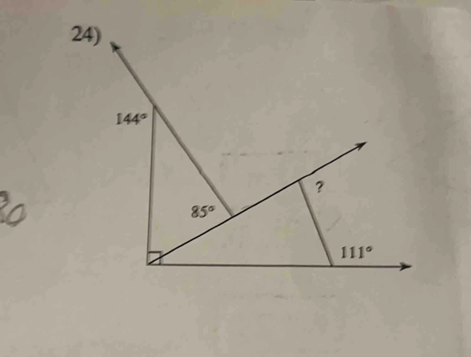 24) 144° 85°? 111° (with a right - angled triangle and some angle - mar…