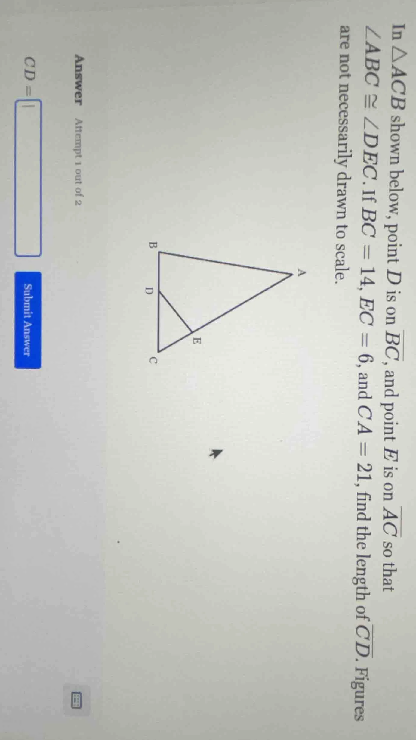 in △acb shown below, point d is on (overline{bc}), and point e is on (o…