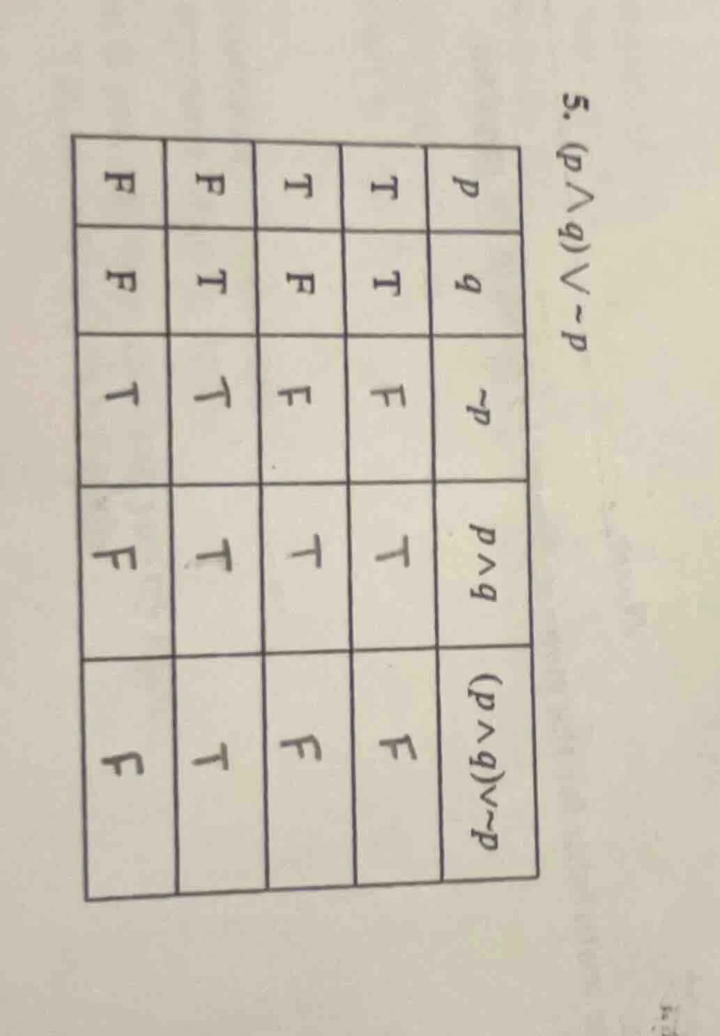 5. $(p land q) lor eg p$ | $p$ | $t$ | $t$ | $f$ | $f$ | | $q$ | $t$ | …
