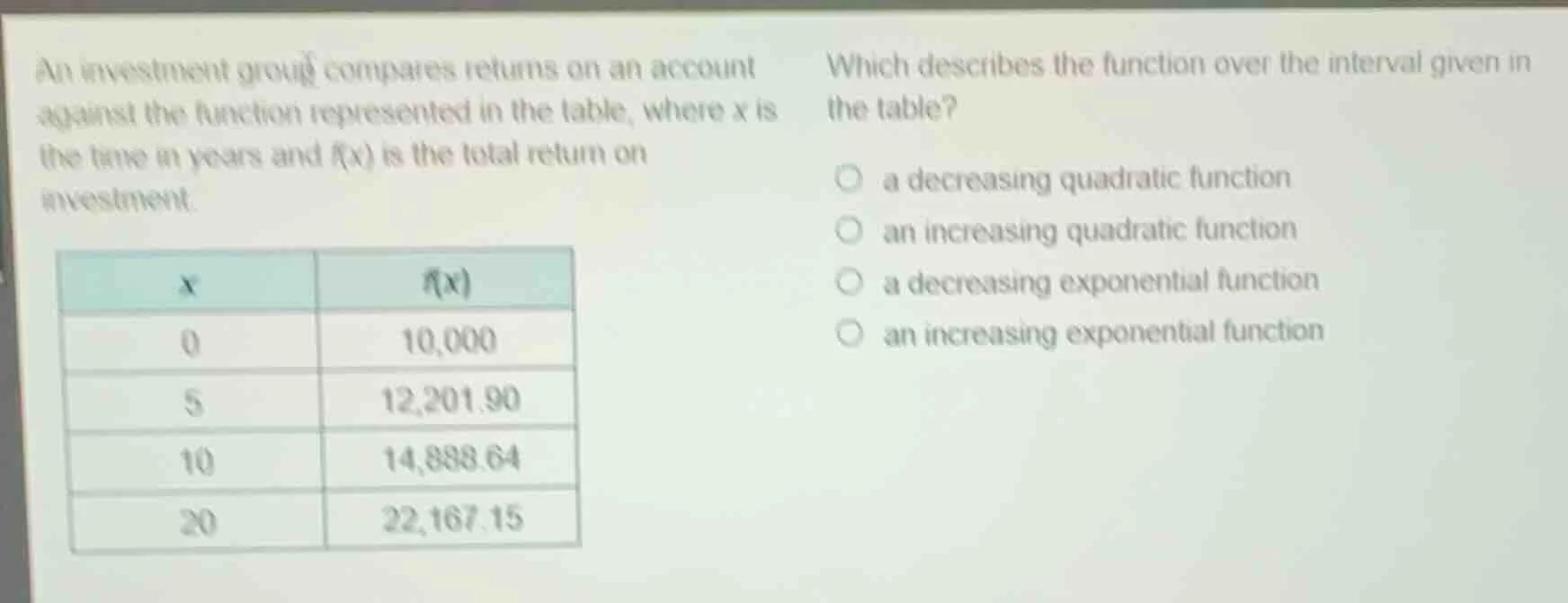 an investment group compares returns on an account against the function…