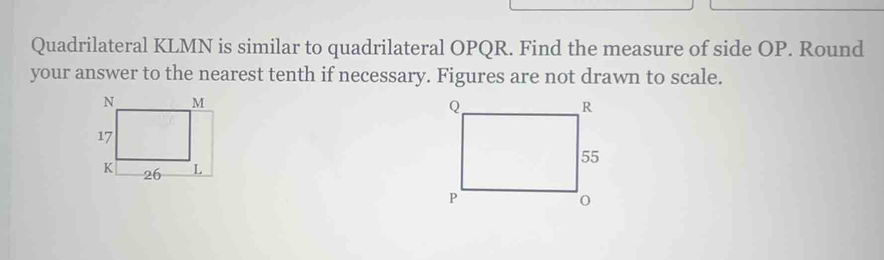 quadrilateral klmn is similar to quadrilateral opqr. find the measure o…