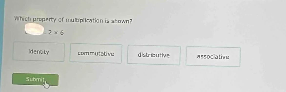which property of multiplication is shown? = 2 × 6 identity commutative…