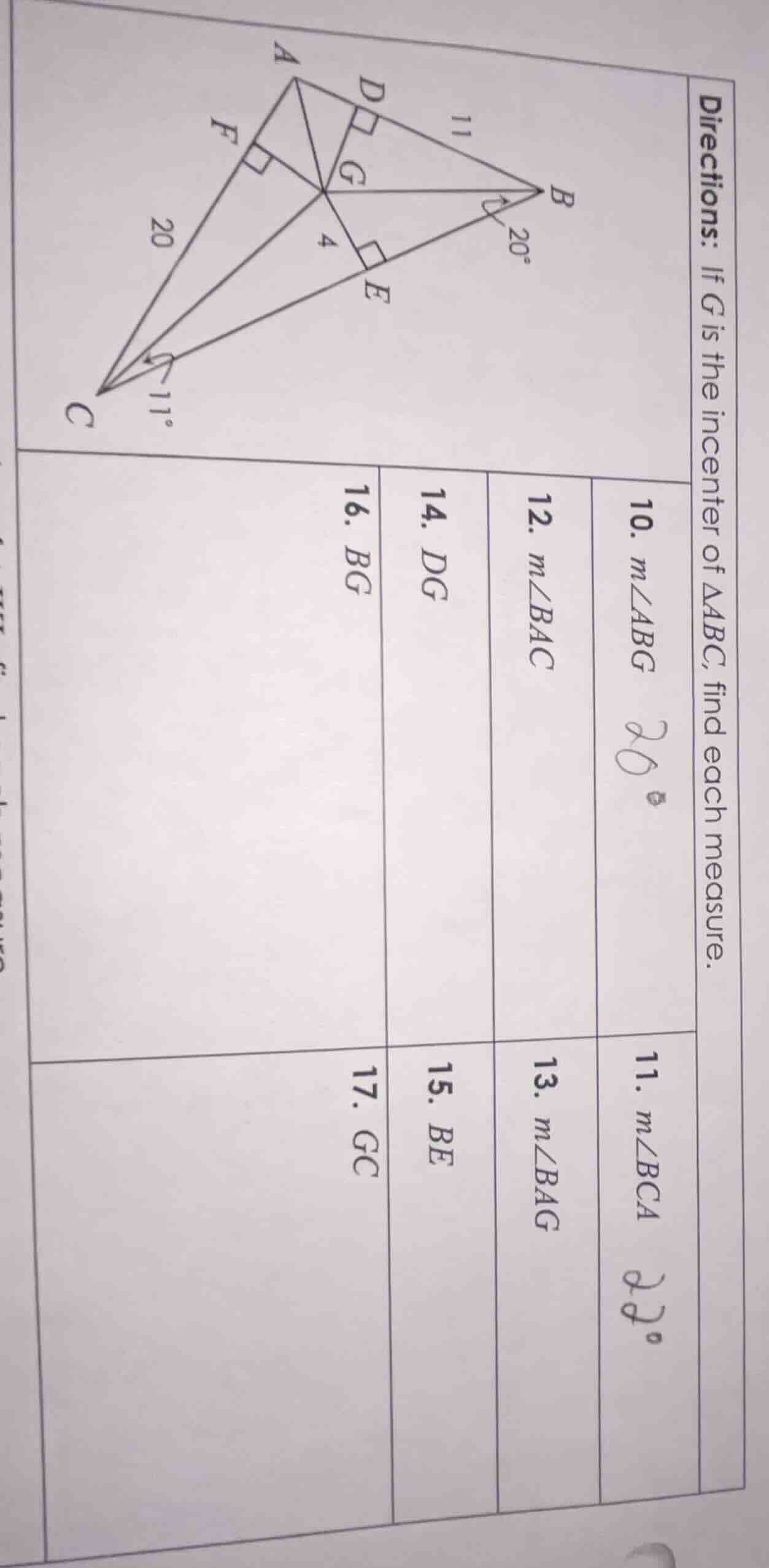 directions: if g is the incenter of $\\triangle abc$, find each measure…