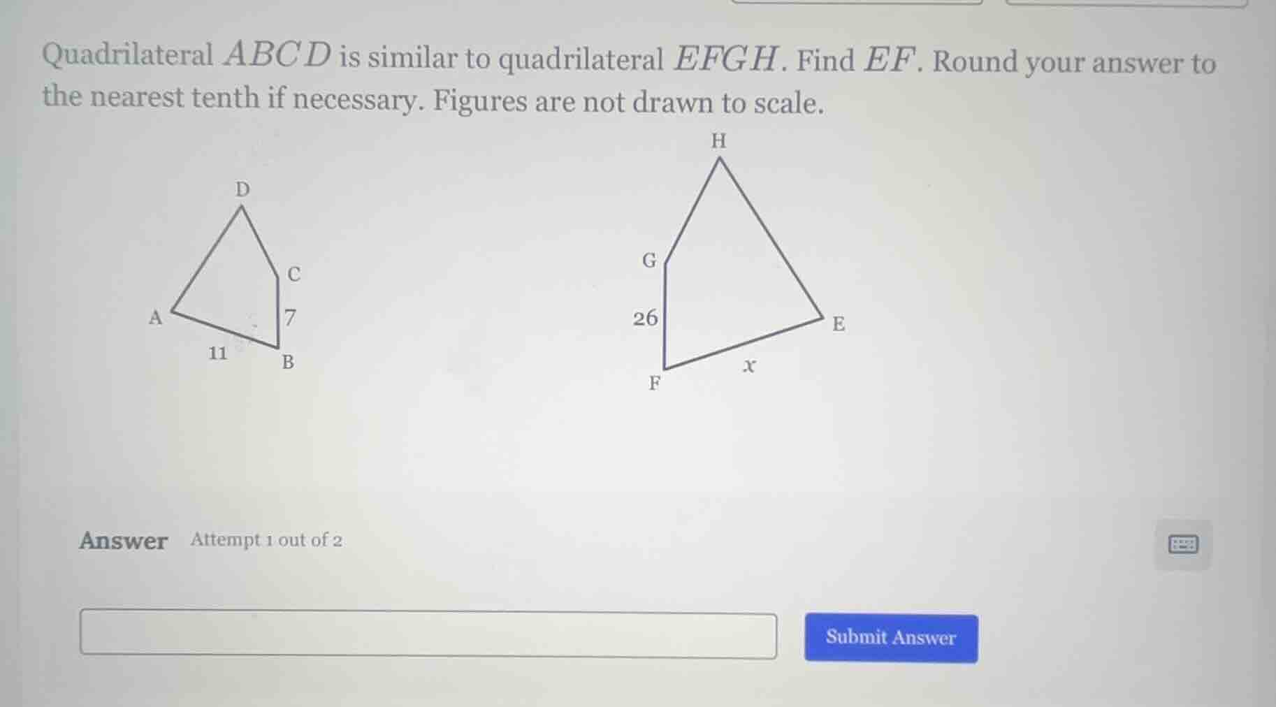 quadrilateral abcd is similar to quadrilateral efgh. find ef. round you…