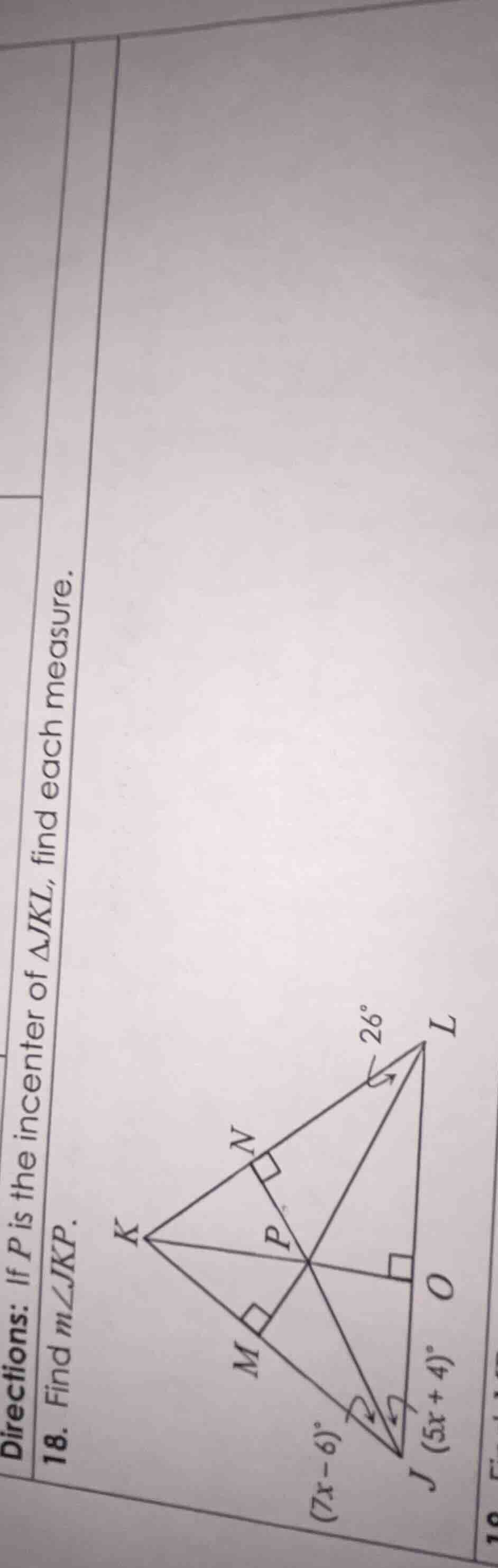 directions: if p is the incenter of δjkl, find each measure. 18. find m…