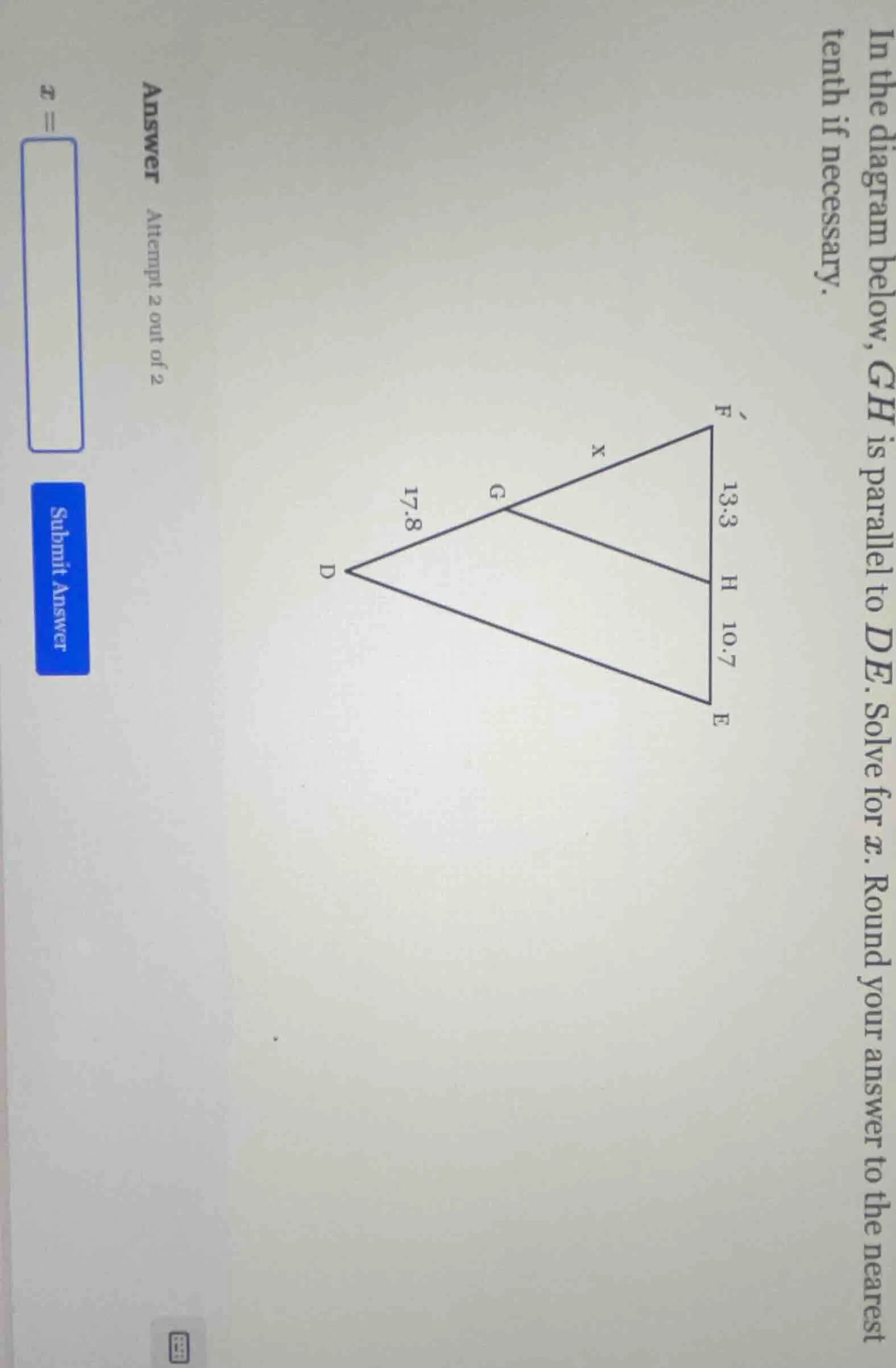 in the diagram below, gh is parallel to de. solve for x. round your ans…