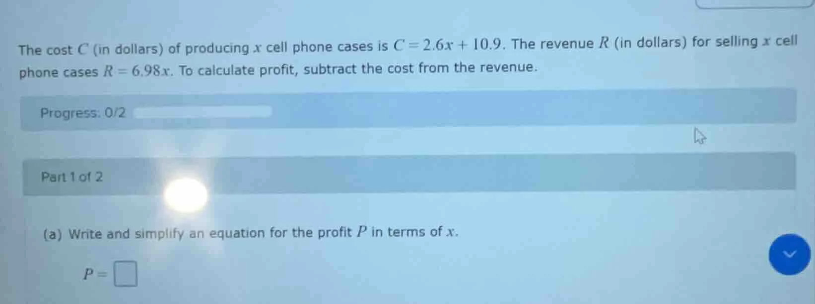the cost c (in dollars) of producing x cell phone cases is c = 2.6x + 1…