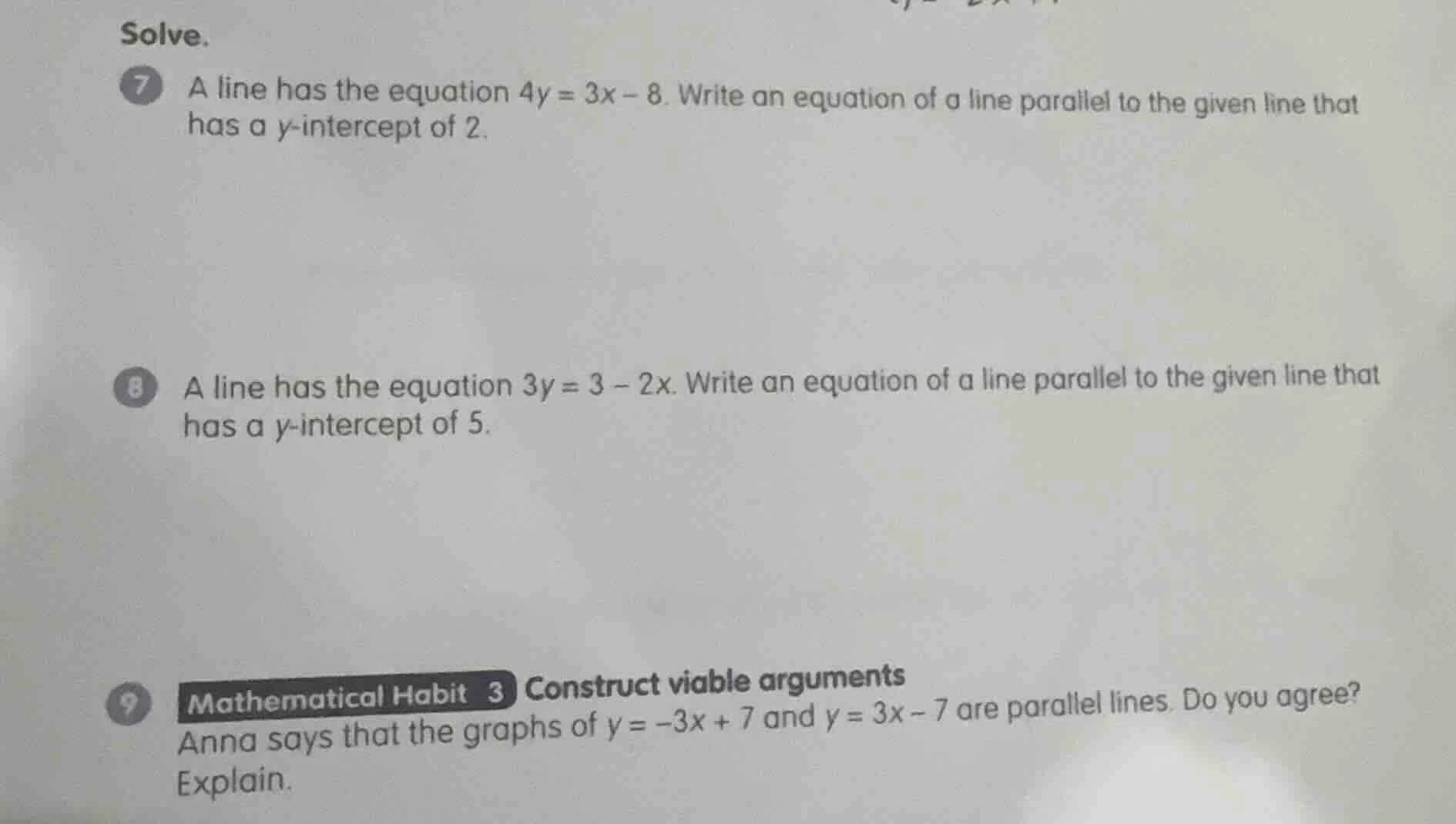 solve. 7 a line has the equation $4y = 3x - 8$. write an equation of a …