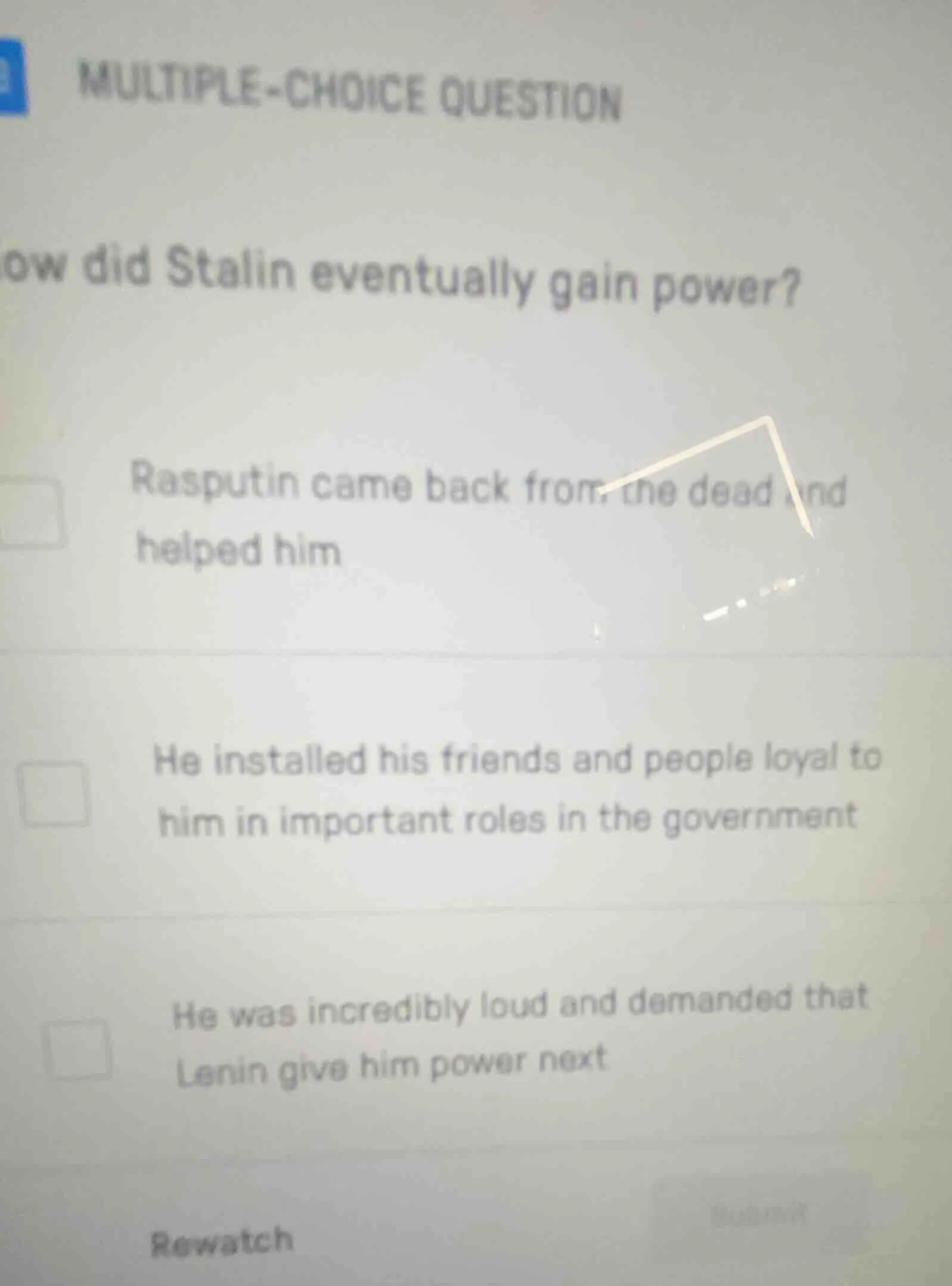 multiple-choice question how did stalin eventually gain power? rasputin…