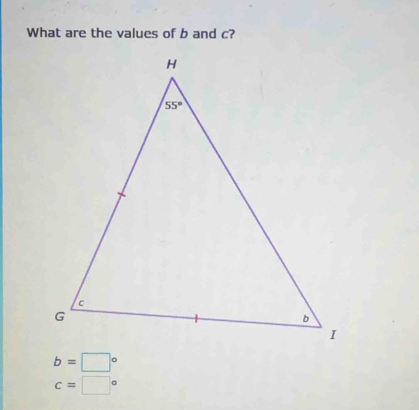 what are the values of b and c? (there is a triangle hgi with angle at …