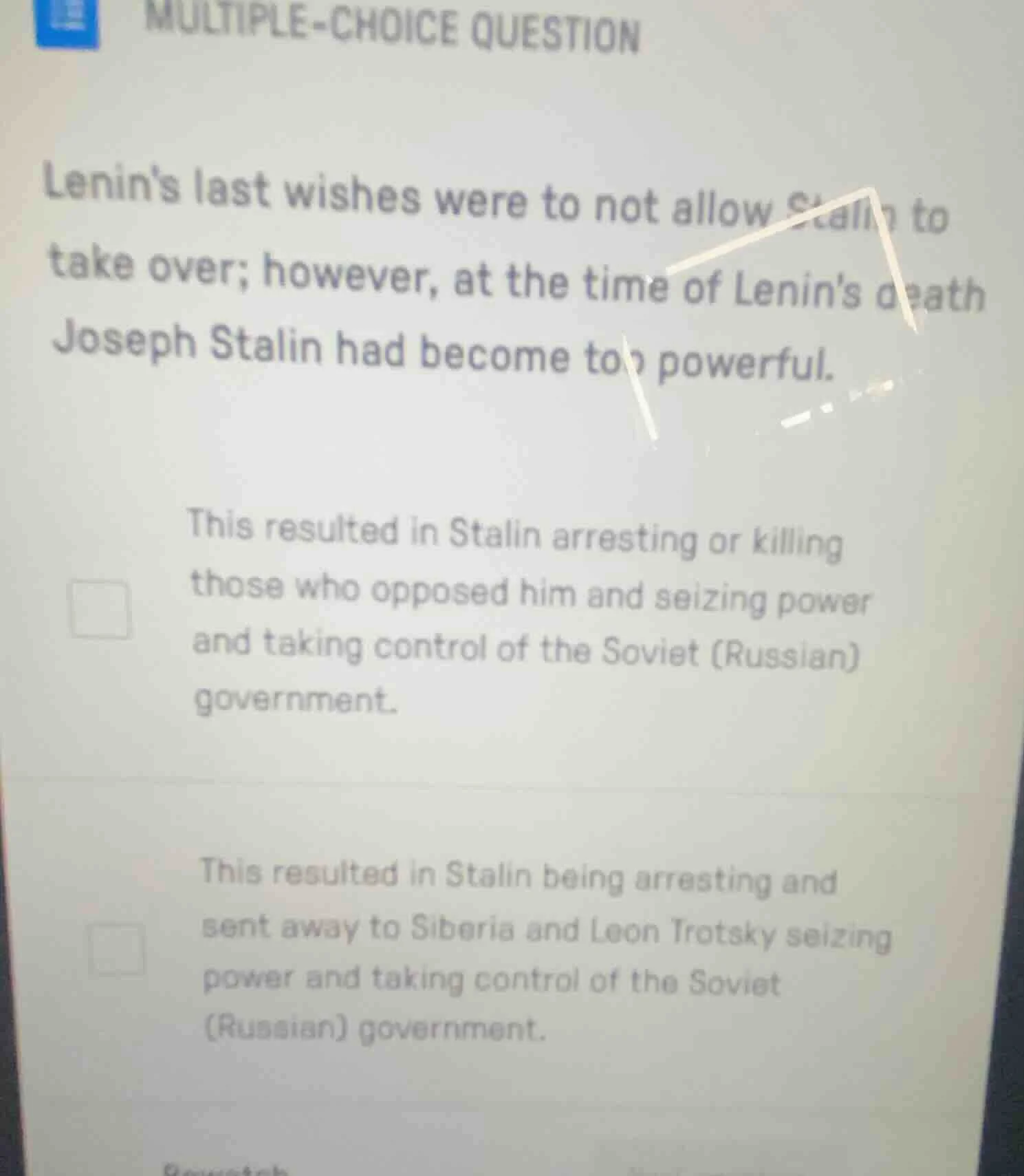 multiple-choice question lenins last wishes were to not allow stalin to…