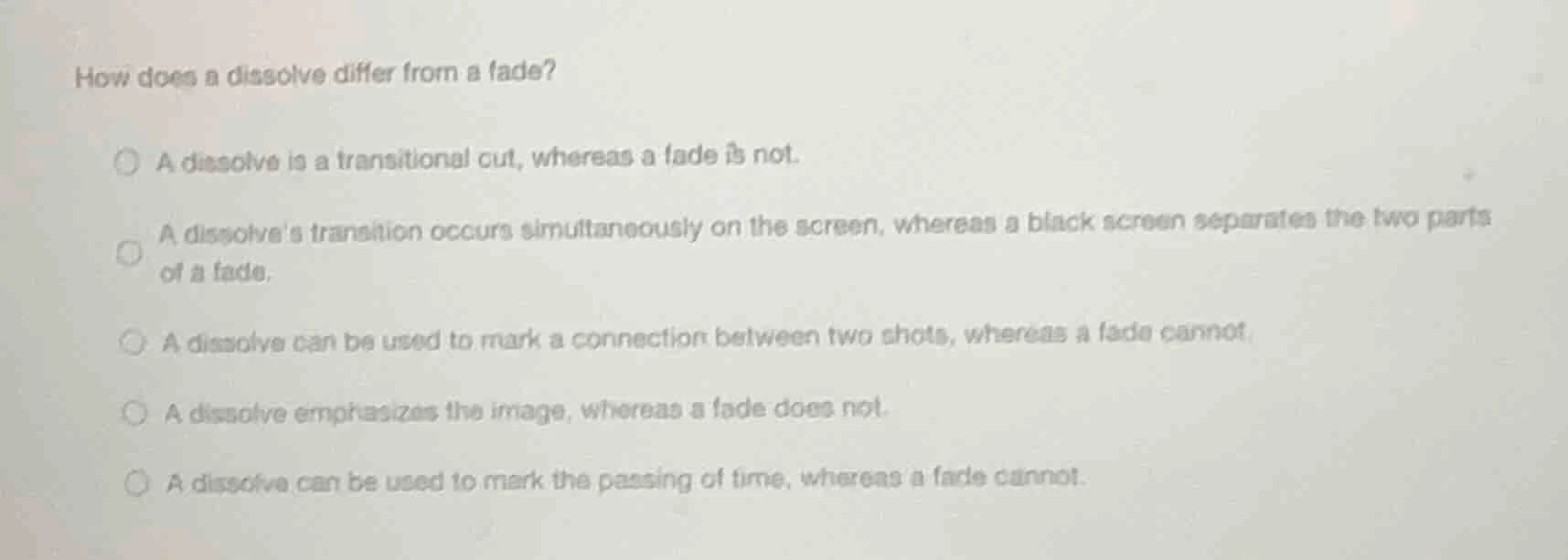 how does a dissolve differ from a fade? a dissolve is a transitional cu…