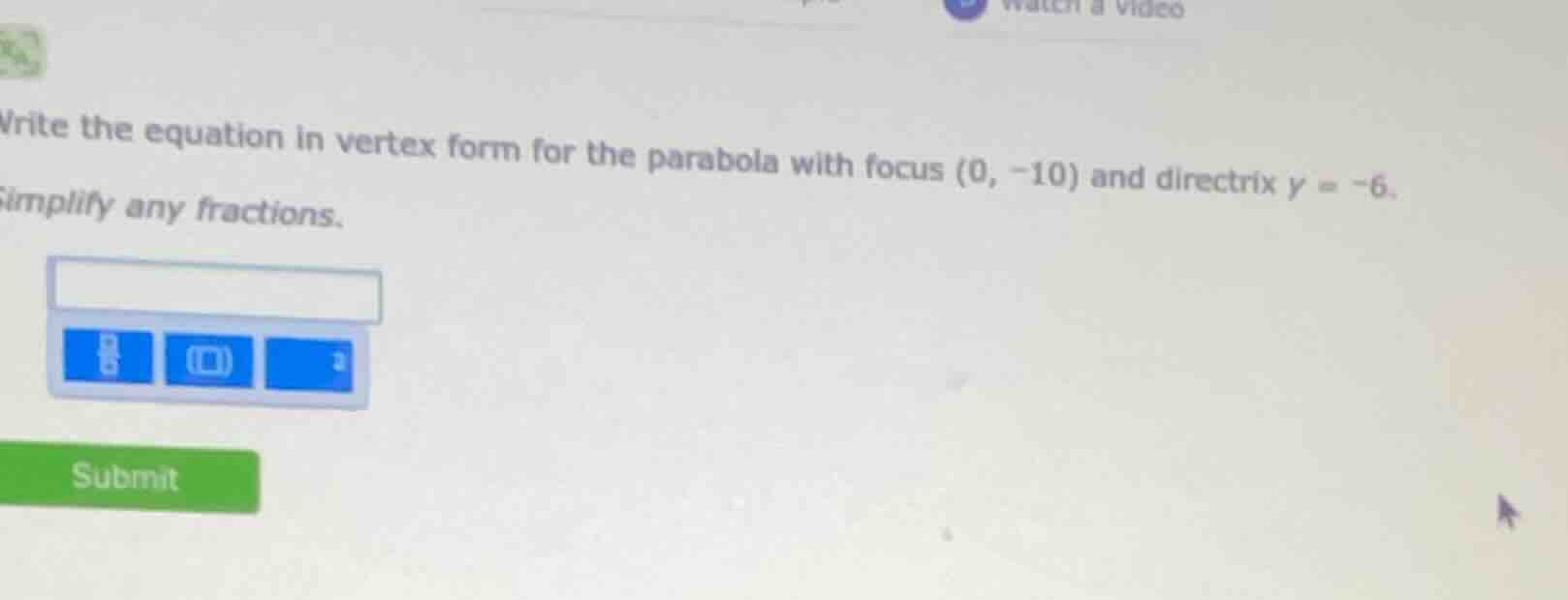 write the equation in vertex form for the parabola with focus (0, -10) …