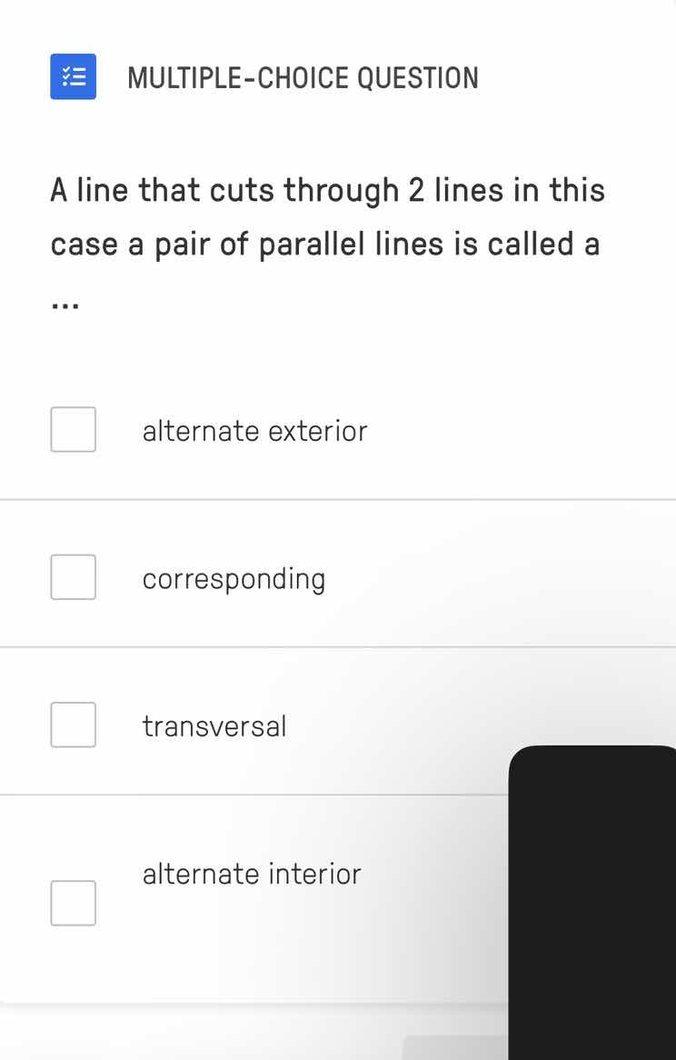 multiple-choice question a line that cuts through 2 lines in this case …