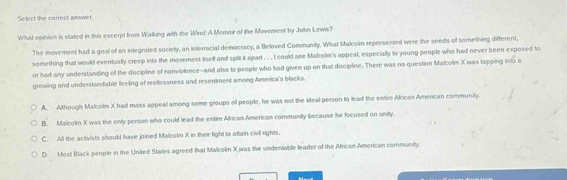 select the correct answer. what opinion is stated in this excerpt from …