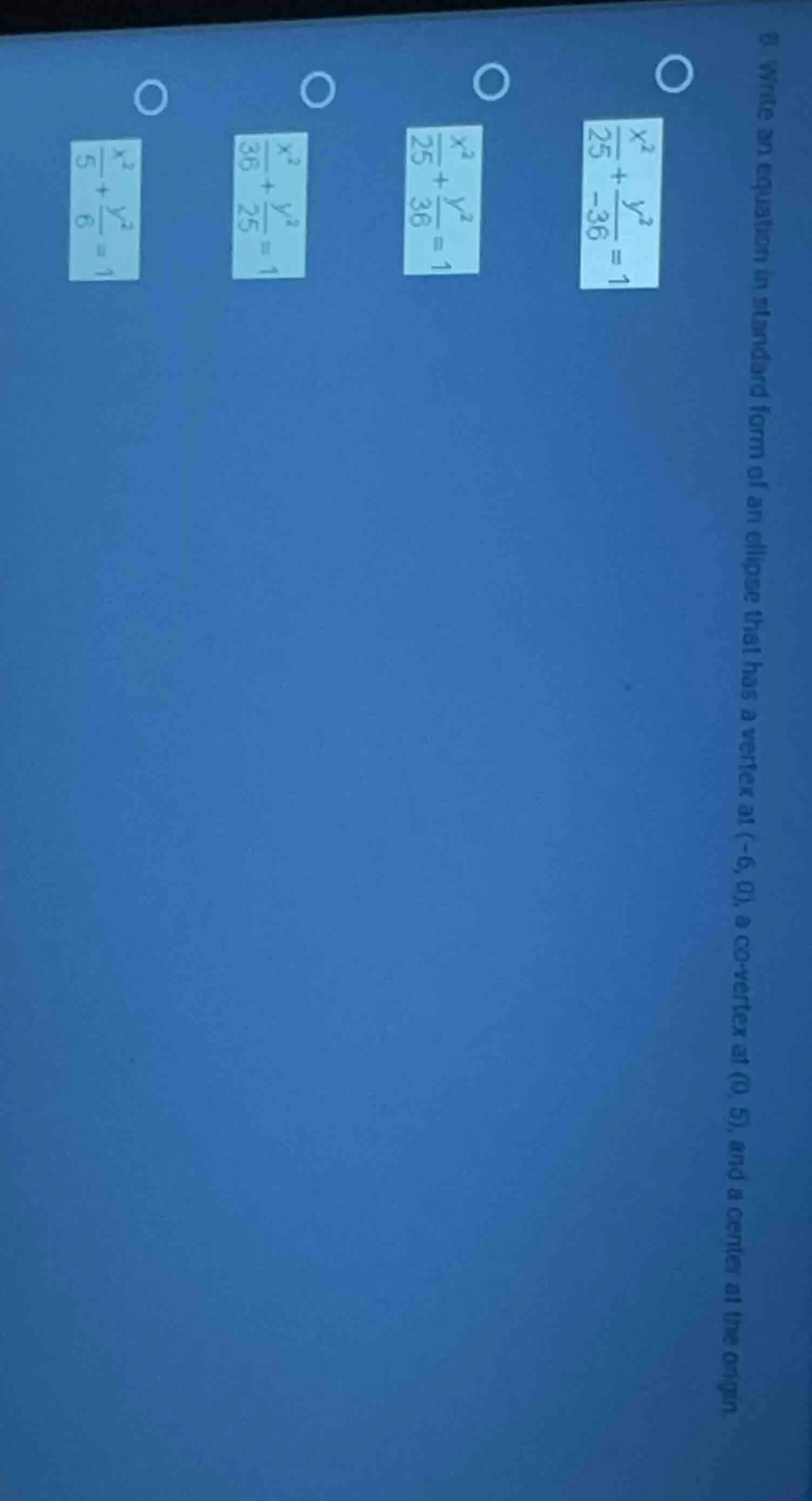 9 write an equation in standard form of an ellipse that has a vertex at…