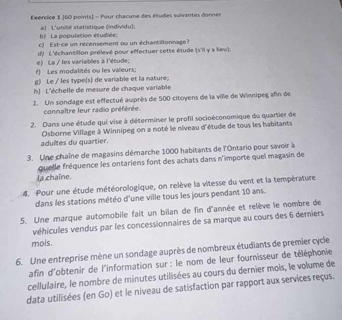 exercice 1 60 points — pour chacune des études suivantes donner a) l’un…