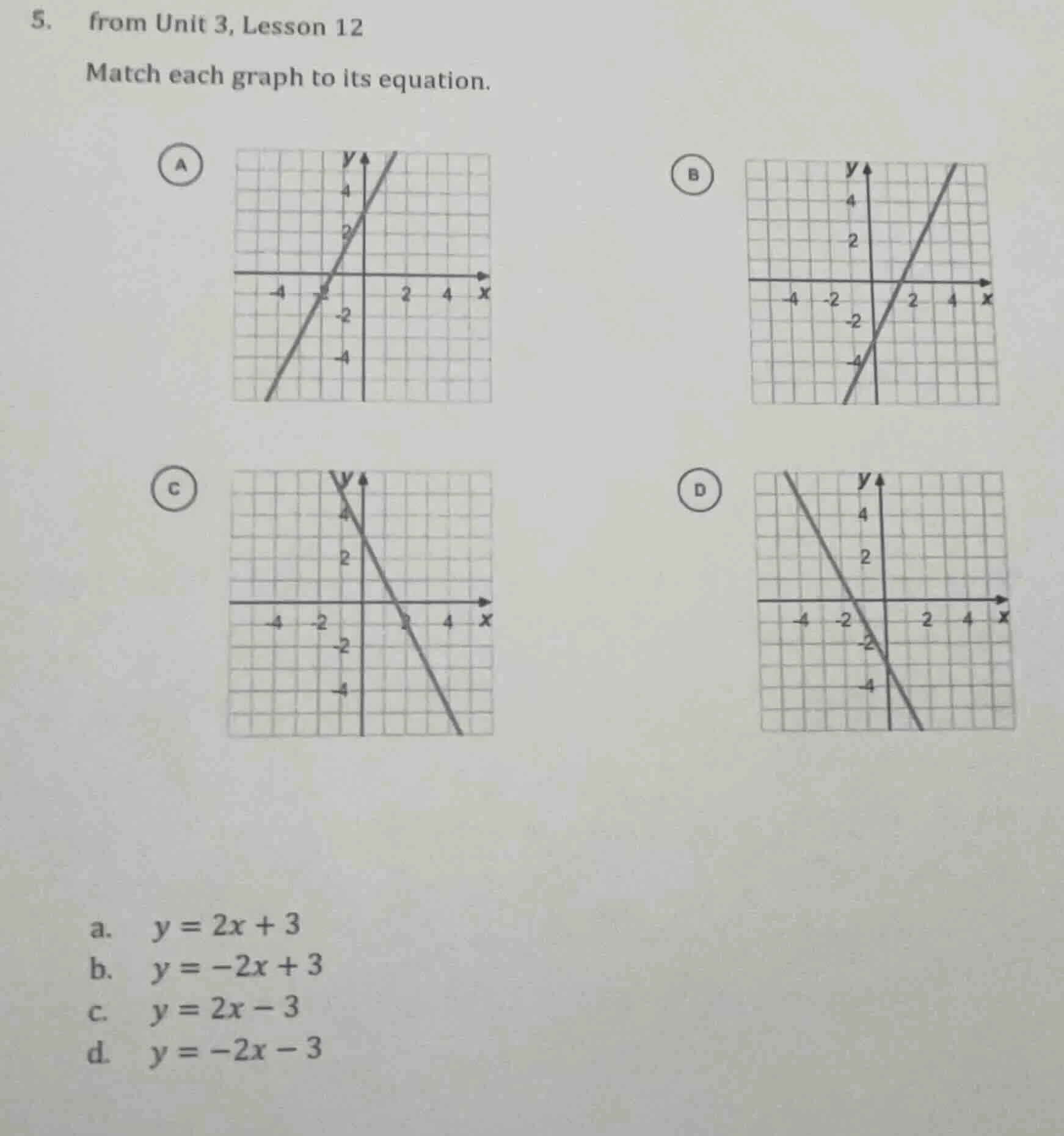 5. from unit 3, lesson 12 match each graph to its equation. a graph a b…