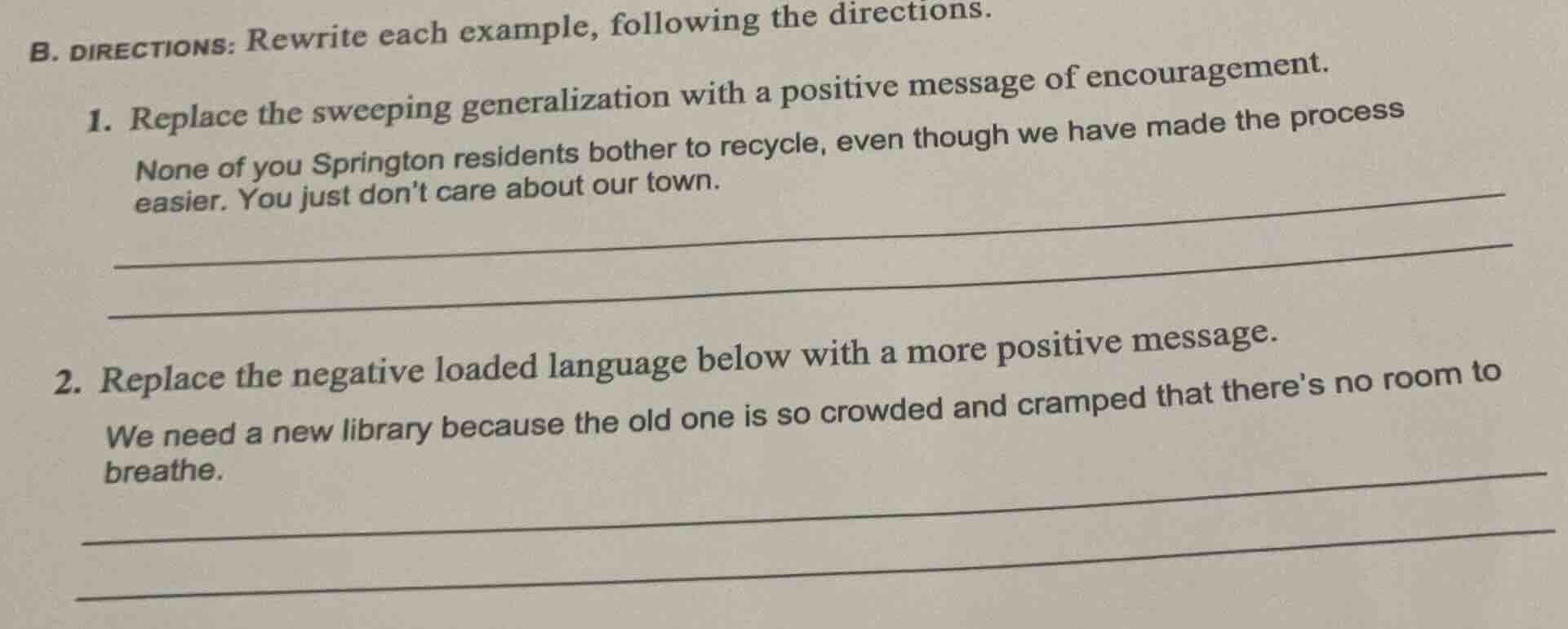 b. directions: rewrite each example, following the directions. 1. repla…