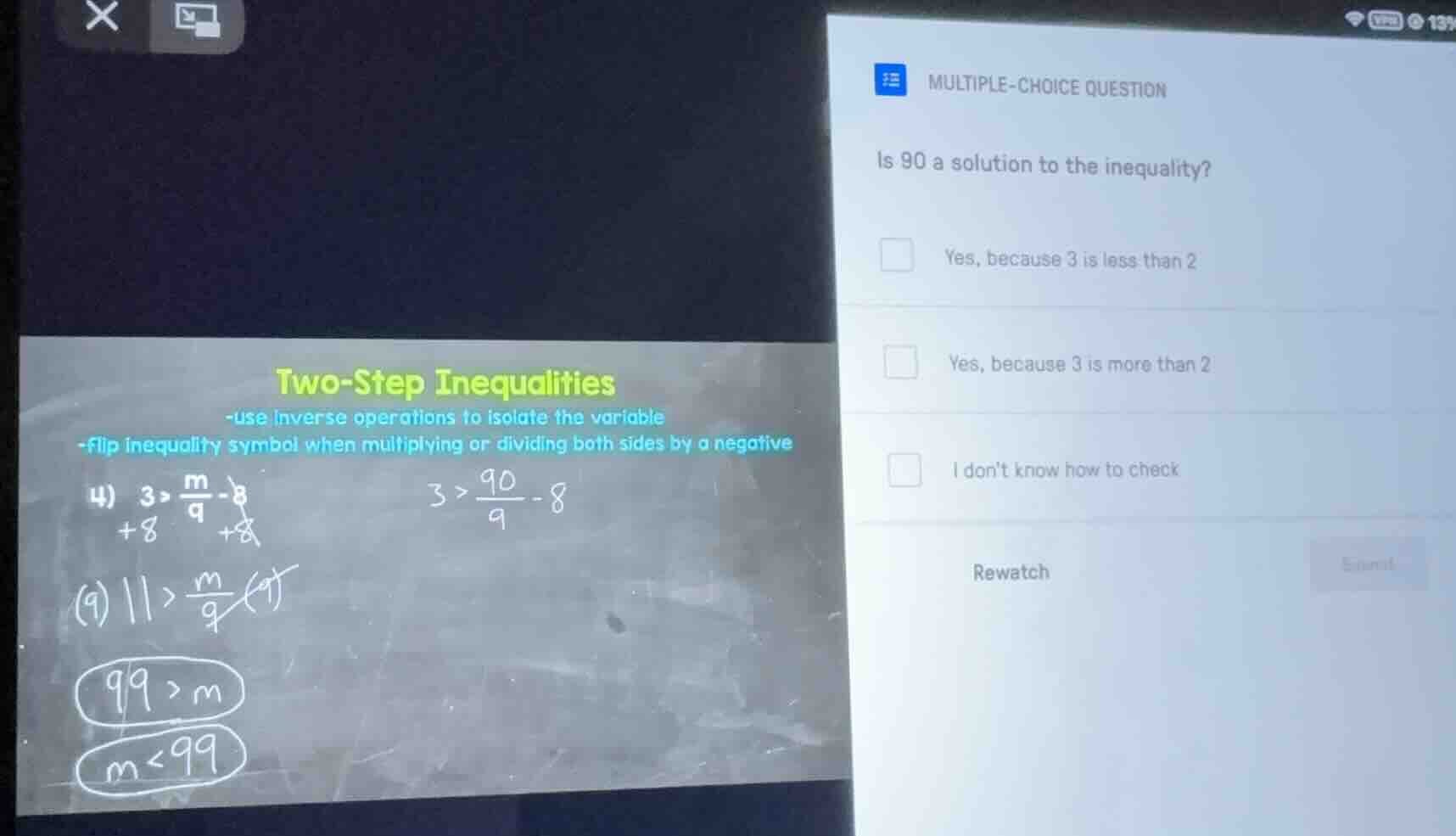 multiple-choice question is 90 a solution to the inequality? yes, becau…