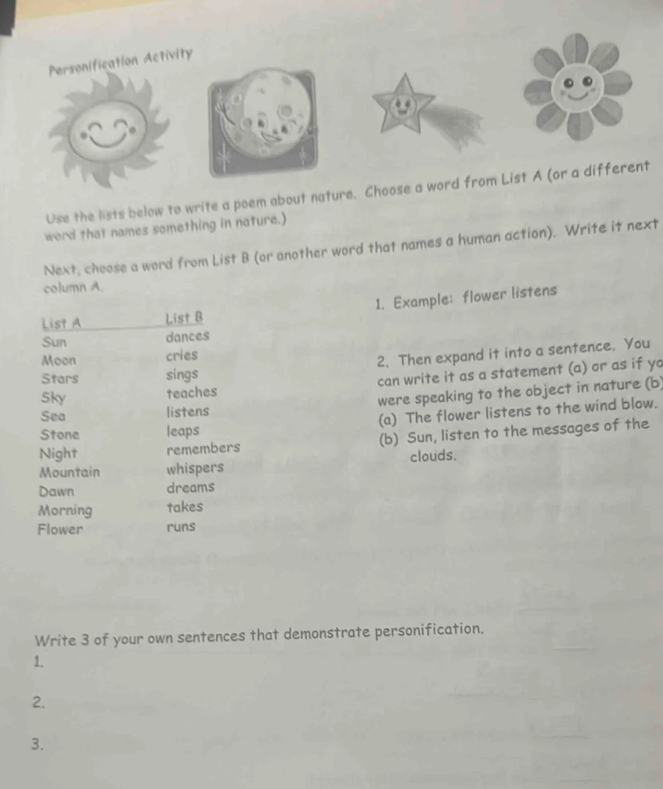 personification activity use the lists below to write a poem about natu…