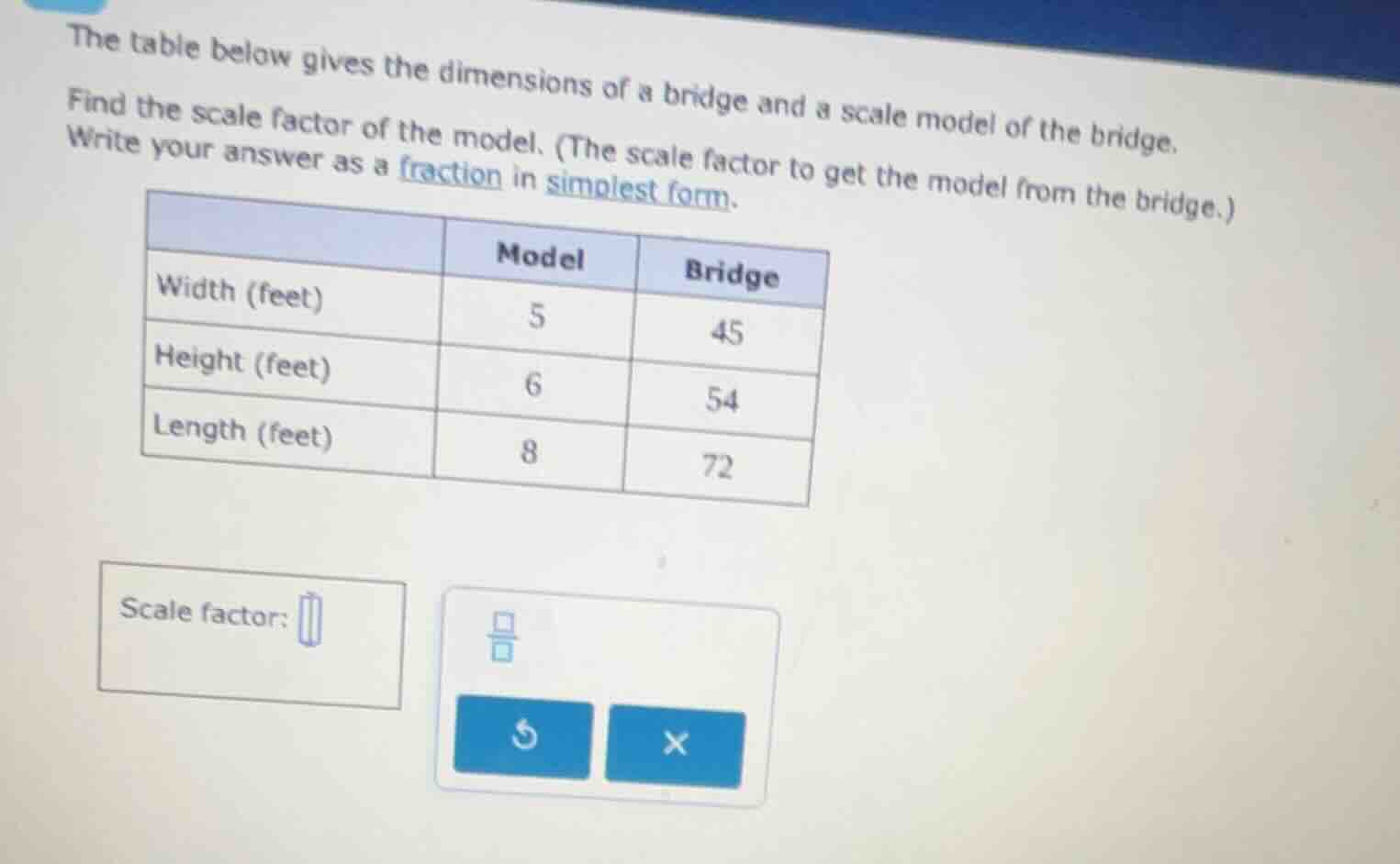 the table below gives the dimensions of a bridge and a scale model of t…