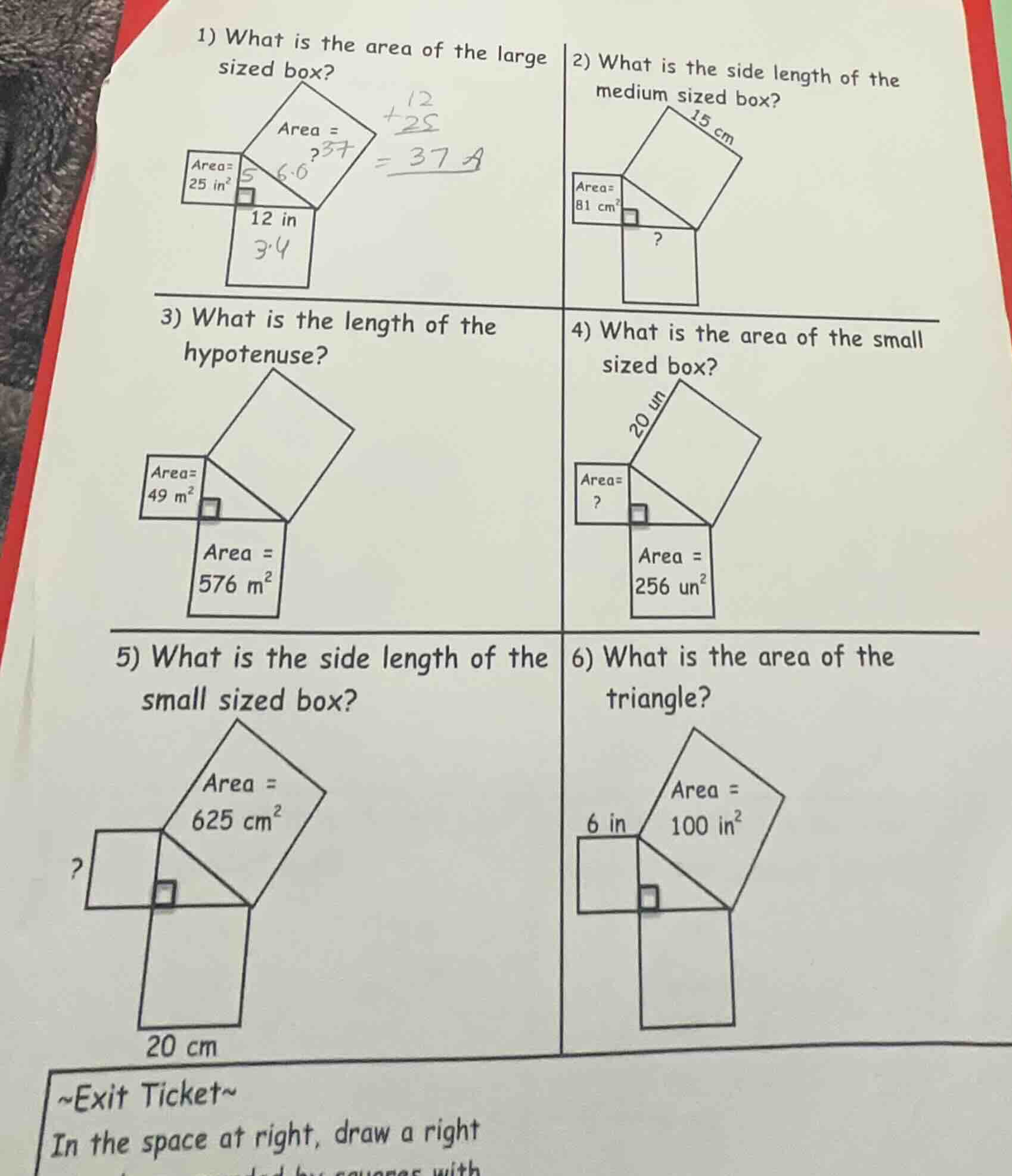 1) what is the area of the large sized box? area = 25 in² 12 in area =?…
